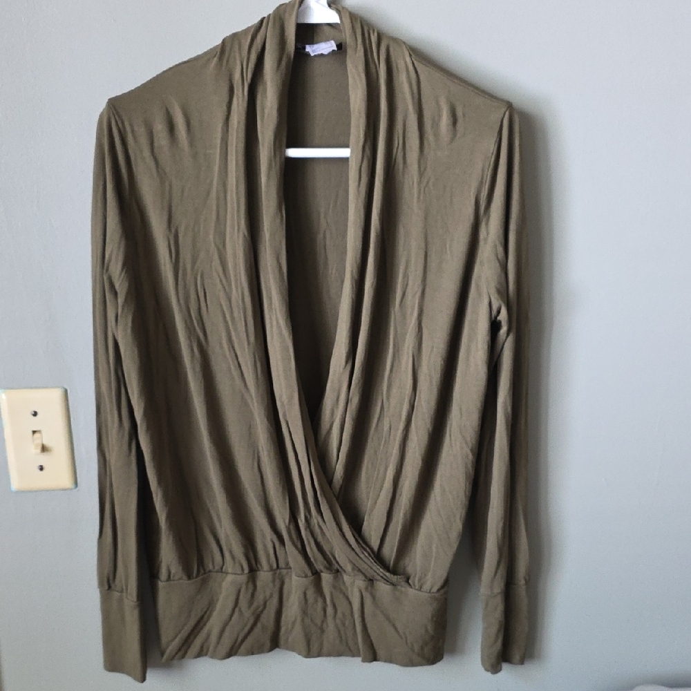 VENUS Olive Green Draped Wrap-Style Long Sleeve Top